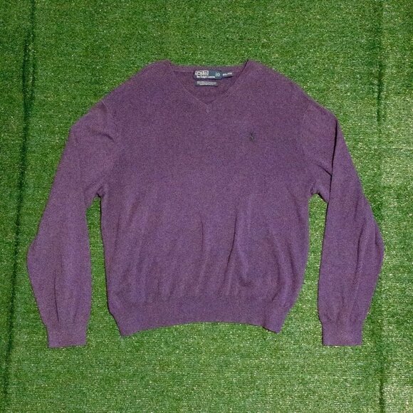 VINTAGE POLO RALPH LAUREN MENS V NECK SWEATER PURPLE GREEN HORSE COTTON SZ XXL - Picture 1 of 6